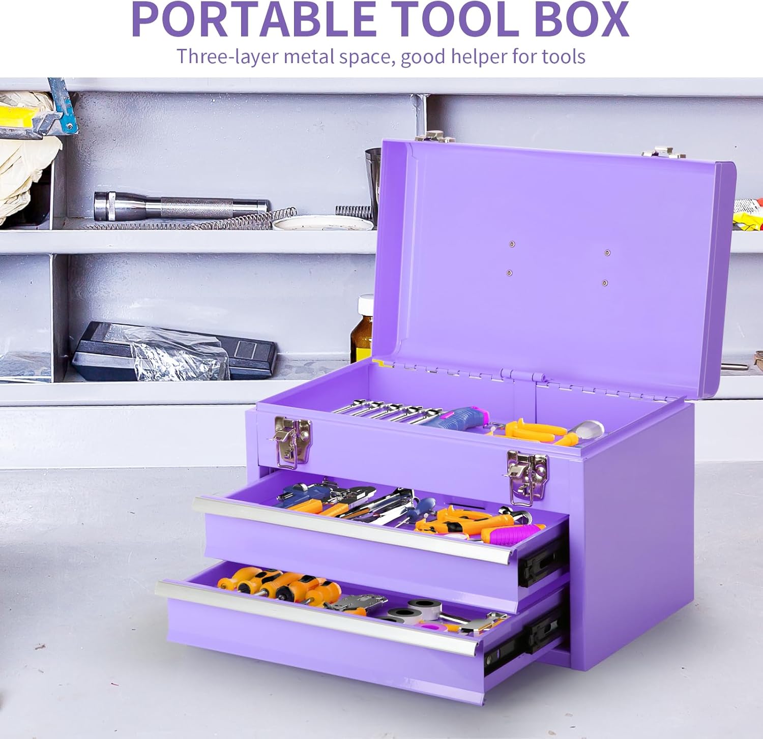 14 Inch Steel Portable Tool Box with drawers - Tool Storage Box Organizer with Metal Latch Closur - Powder Coated Toolbox Chest for Tools Storage Cabinet (PURPLE)